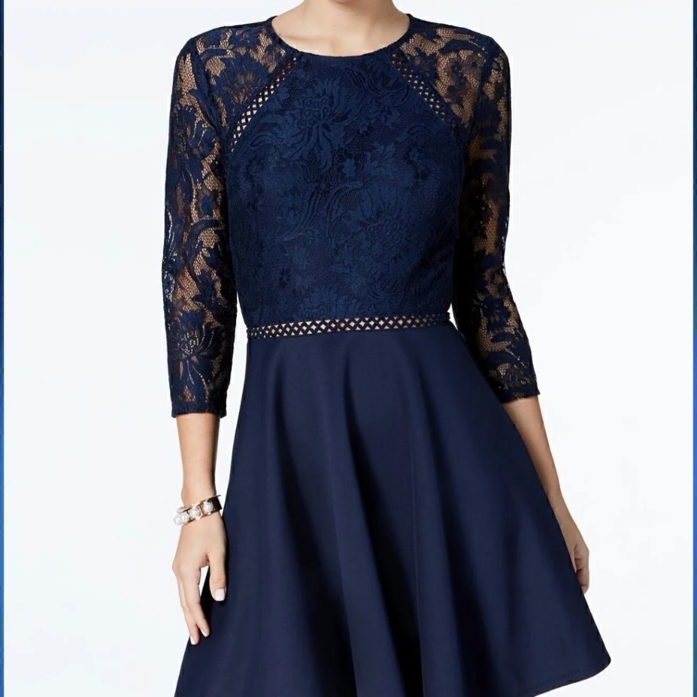 City Triangles Lace Overlay Sheer Arm Midi Fit And Flare Dress Size 7